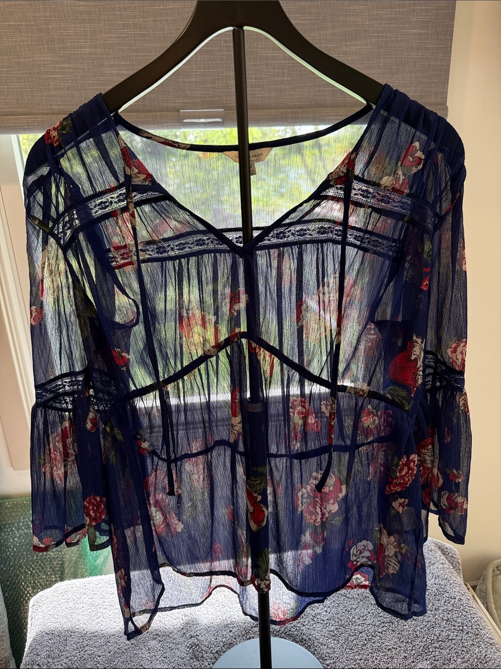 Lucky Brand Navy Sheer Floral Peasant Blouse